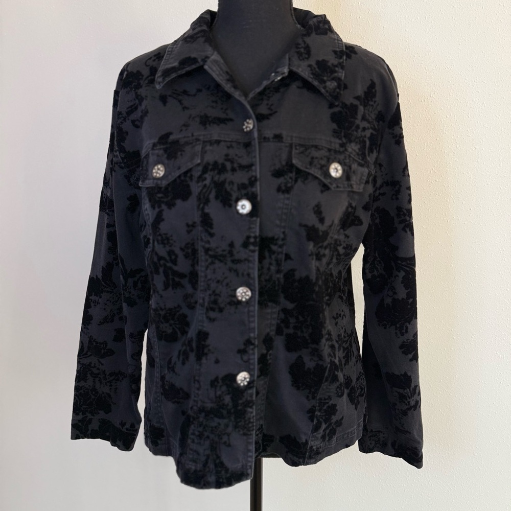 Black Floral Flocked Denim Jacket Velvet Burnout Trucker Medium